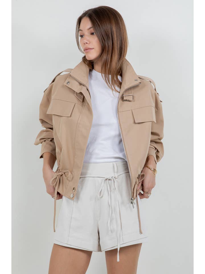 UTILITARIAN WOVEN JACKET WITH ADJUSTER DRAWSTRINGS - KHAKI for wholesale on Faire3