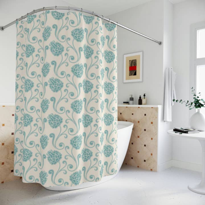 Hearth Home & Living - Wholesale Shower Curtain - Blue & Cream Floral Shower Curtain