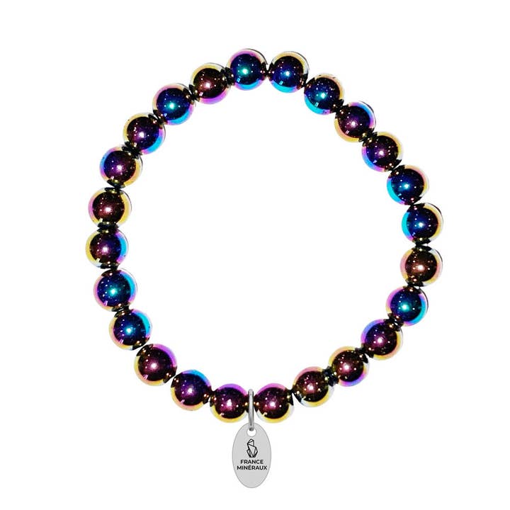 France Mineraux - Venta al por mayor Bolso muñequera - Pulsera de hematita arcoíris, piedras esféricas de 8 mm, 18 cm