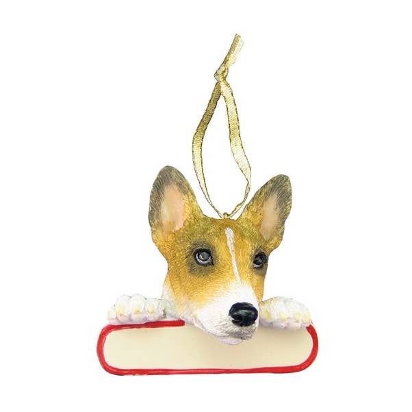 Ornement Basenji avec plaque signalétique personnalisée pour la vente par E&S Pets