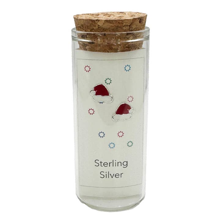 Boucles d'oreilles à tige en argent sterling de Noël dans une bouteille en verre pour la vente par Stratus