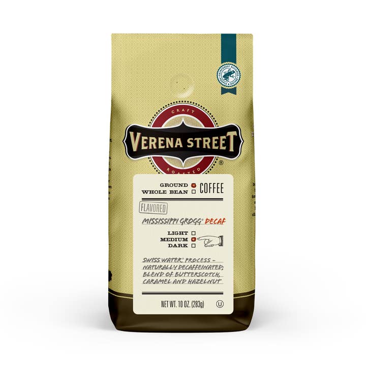 Mississippi Grogg® Swiss Water® Process Decaf ground coffee for wholesale by Verena Street Coffee Co.