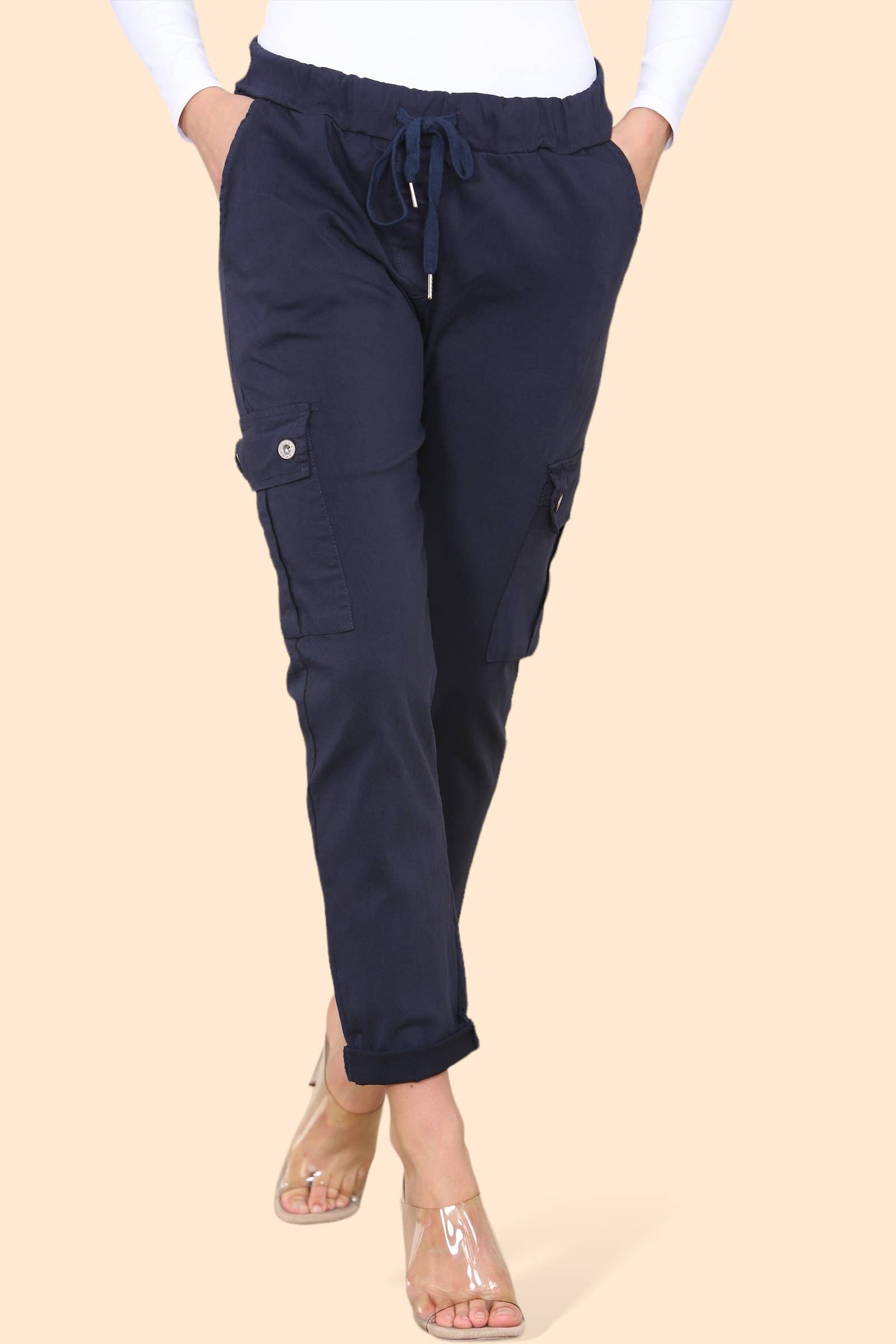 Kurt Muller – wholesale Pants – Women's – Plain Cargo Stud Pocket Bi-Stretch Magic Trousers20