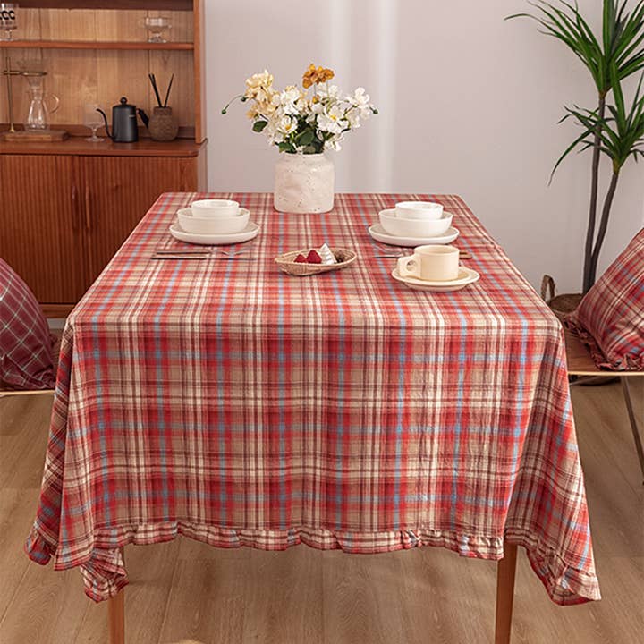 Burgundy Plaid Ruffled Border Cotton Woven Tablecloth for wholesale by Fennco Styles