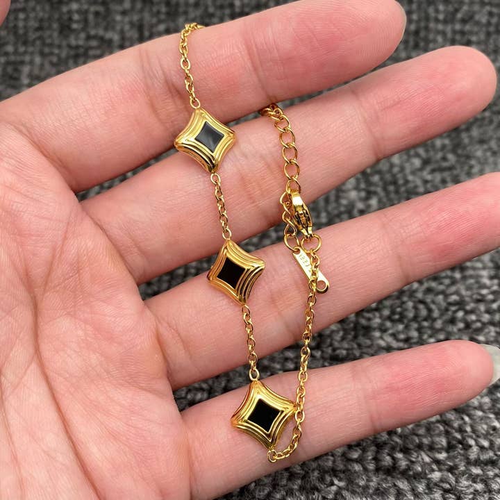 Black Enamel Rhombus Linked 18K Golden SS Bracelet - FGS for wholesale by Mio Queena