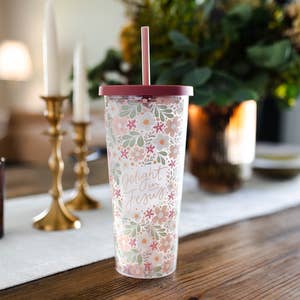 Mary Square Darling Daisy Pink Floral 20 Ounce Stainless Steel Skinny Tumbler with Straw