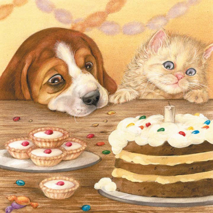 Animal Prints - Wholesale Birthday Card - Square card - Beagle and Pers have a piece of cake together0