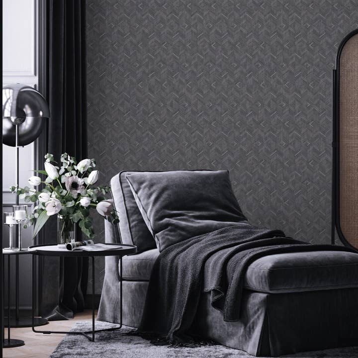 Dark Natural Color Embossed Geometric Wallpaper, 3D Chevron Herringbone Striped, Vinyl, Non-Woven, Non-Adhesive, Extra Large 178 sq ft Roll for wholesale by Walloro Luxury Embossed Wallpaper