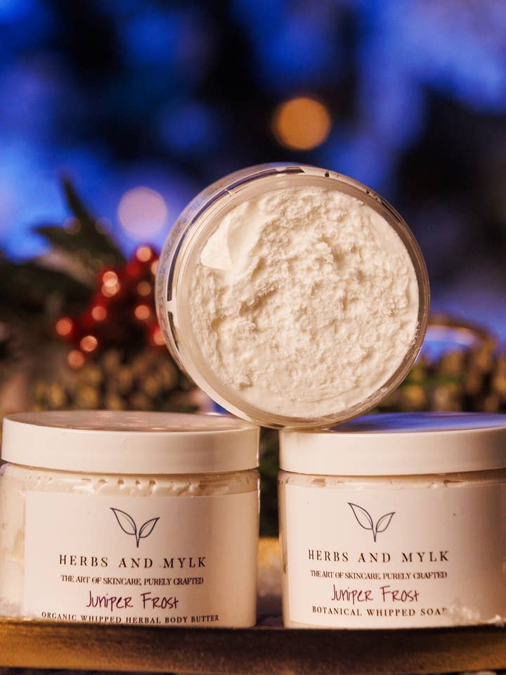 Juniper Frost Whipped Herbal Body Butter for wholesale by Herbs and Mylk