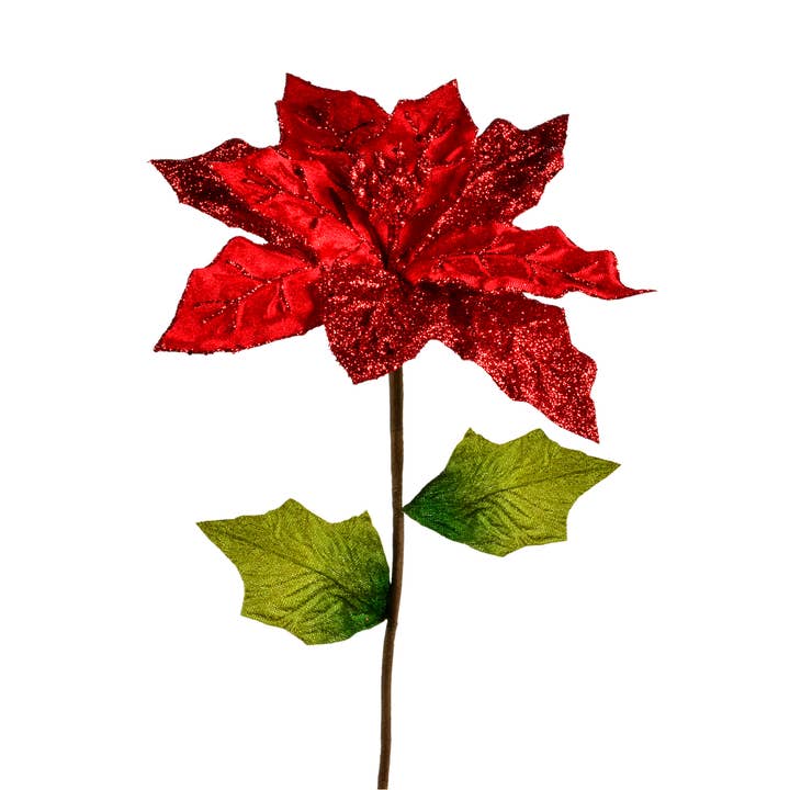 Christmas Tradition - Wholesale Christmas Decoration - 22" Glittered Red Poinsettia Stem
