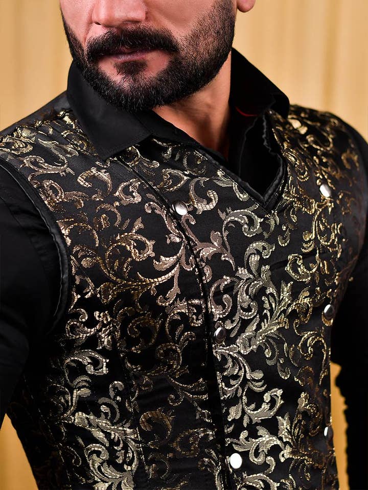 Miss Leather - Vente Gilet de costume – homme - Gilet corset homme en brocart doré - Top corset masculin