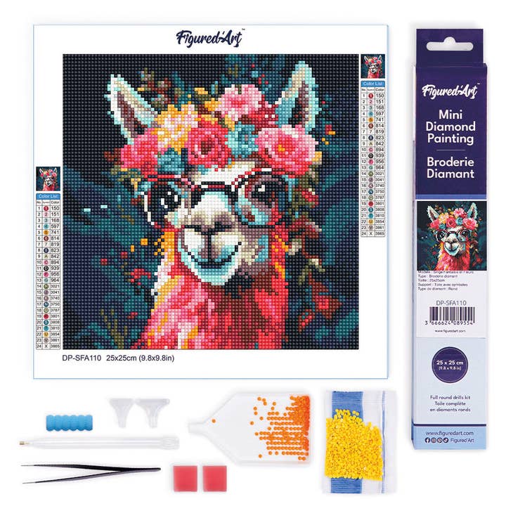 Mini Pintura com Diamantes 25x25 cm - Lama fantasia com flores por atacado de Figured'Art