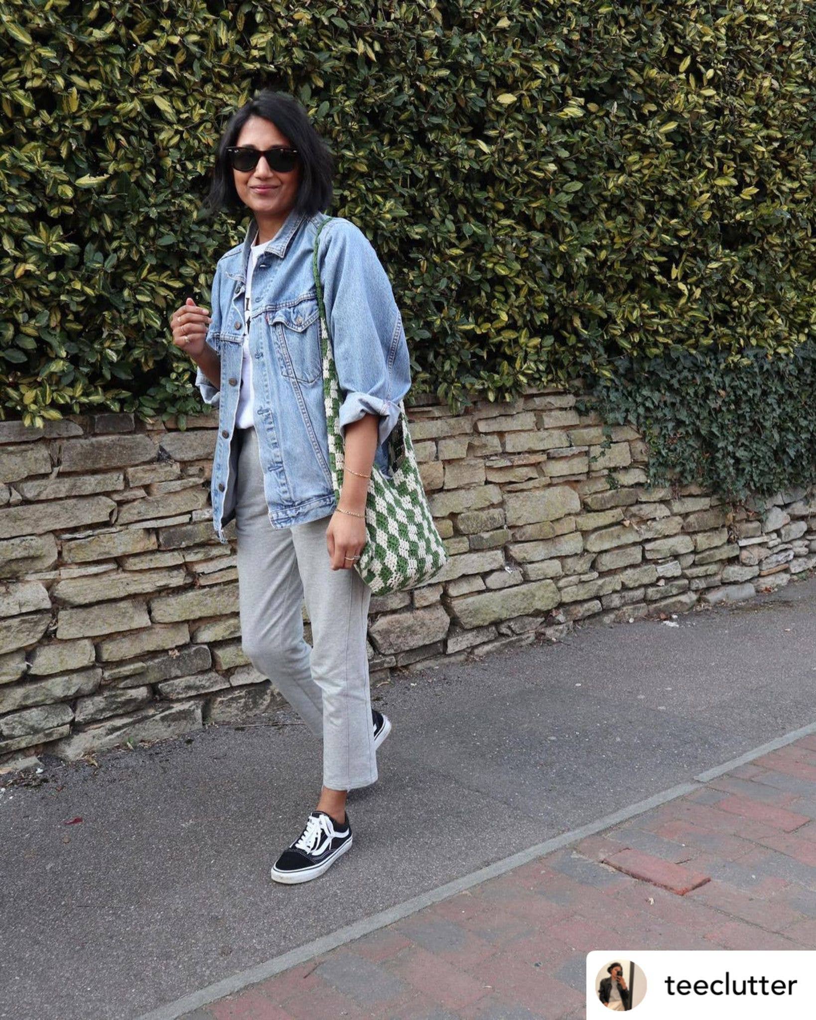 Sook Stainable - Wholesale Tote Bag - Women's - Checkered Green Chess Pattern Kitted Crochet Bag5