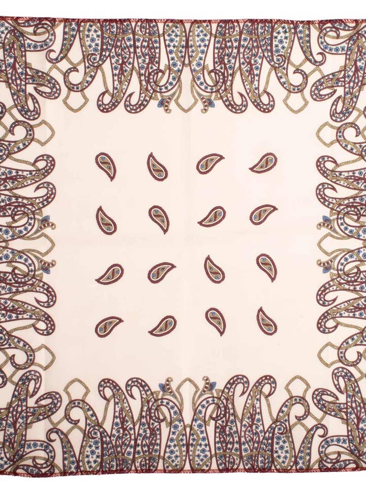 Pochette de costume vintage en coton blanc cassé à motif paisley vert olive bordeaux bleu ciel POCV1074 pour la vente par Graffeo Cravatte