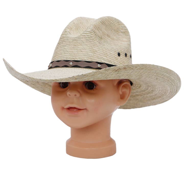 Cap Zone - Wholesale Cowboy Hat - Kids - Kids Eyeleted Gus Crown Palm Straw Cowboy Hat