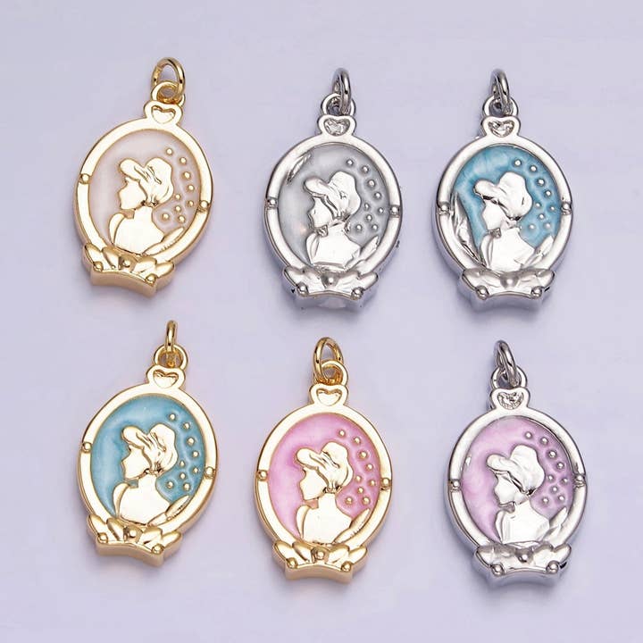 16K Gold Filled Double Sided Cinder Shoe Princess White, Pink, Blue Sparkly Enamel Charm in Gold & Silver | AC1543 - AC1548 for wholesale by Aim Eternal