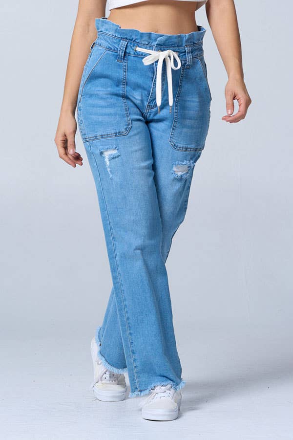 Color 5 - Wholesale Jeans - Women's - Distress fashion boot cut baggy jeans w/draw string raw edge0