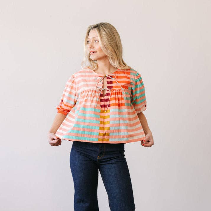 Sunshine Tienda - Wholesale Blouse - Women's - Apricot Colorful Stripe Mira Top0