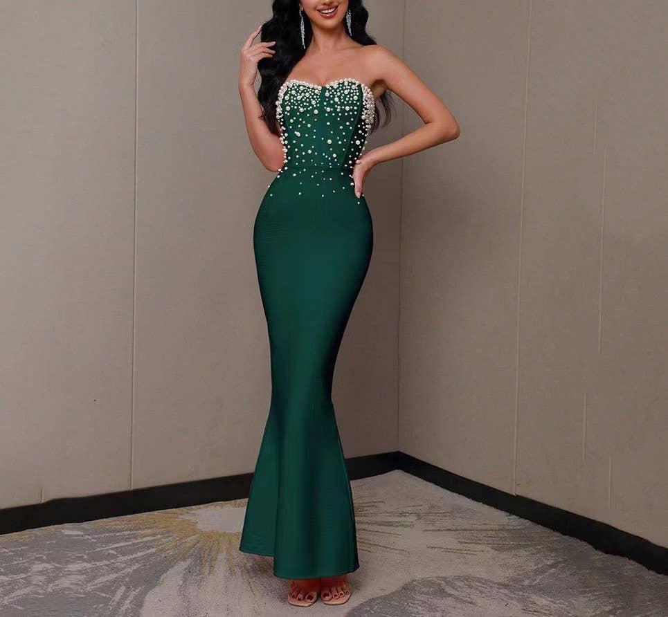 Sanyao Fashion - Vente Robe de soirée – femme - Robe de soirée rose élégante avec perles et coupe bandage11