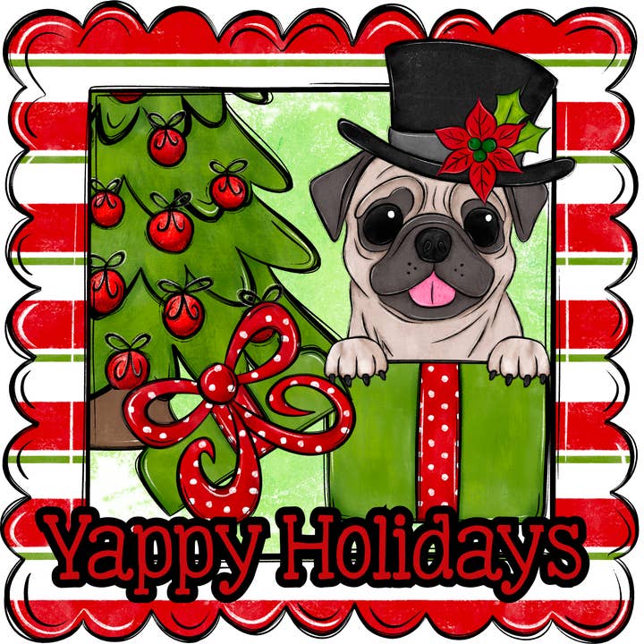 Placa de Grinalda de Pug, Placa de Cão Festas Felizes, pendurador de porta de 22", DCO-W-00179-DH por atacado de DecoExchange