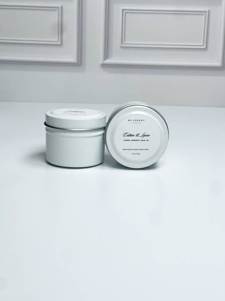 Cotton & Linen - 2 oz White Tin for wholesale by DS Luxury Candles