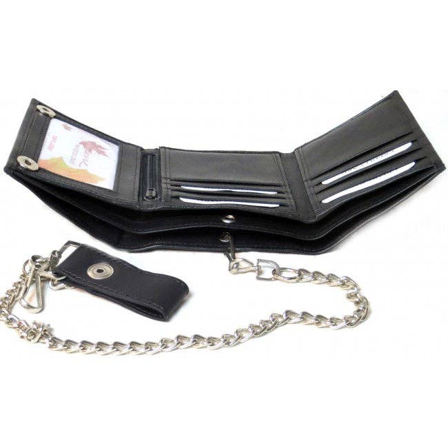 Black Genuine Leather Men's Tri-fold Biker/Truckers' Wallet #4675 for wholesale on Faire2