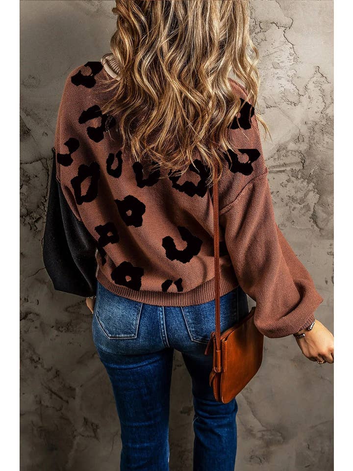 Coffee Leopard Print Colorblock Pullover Sweater for wholesale on Faire