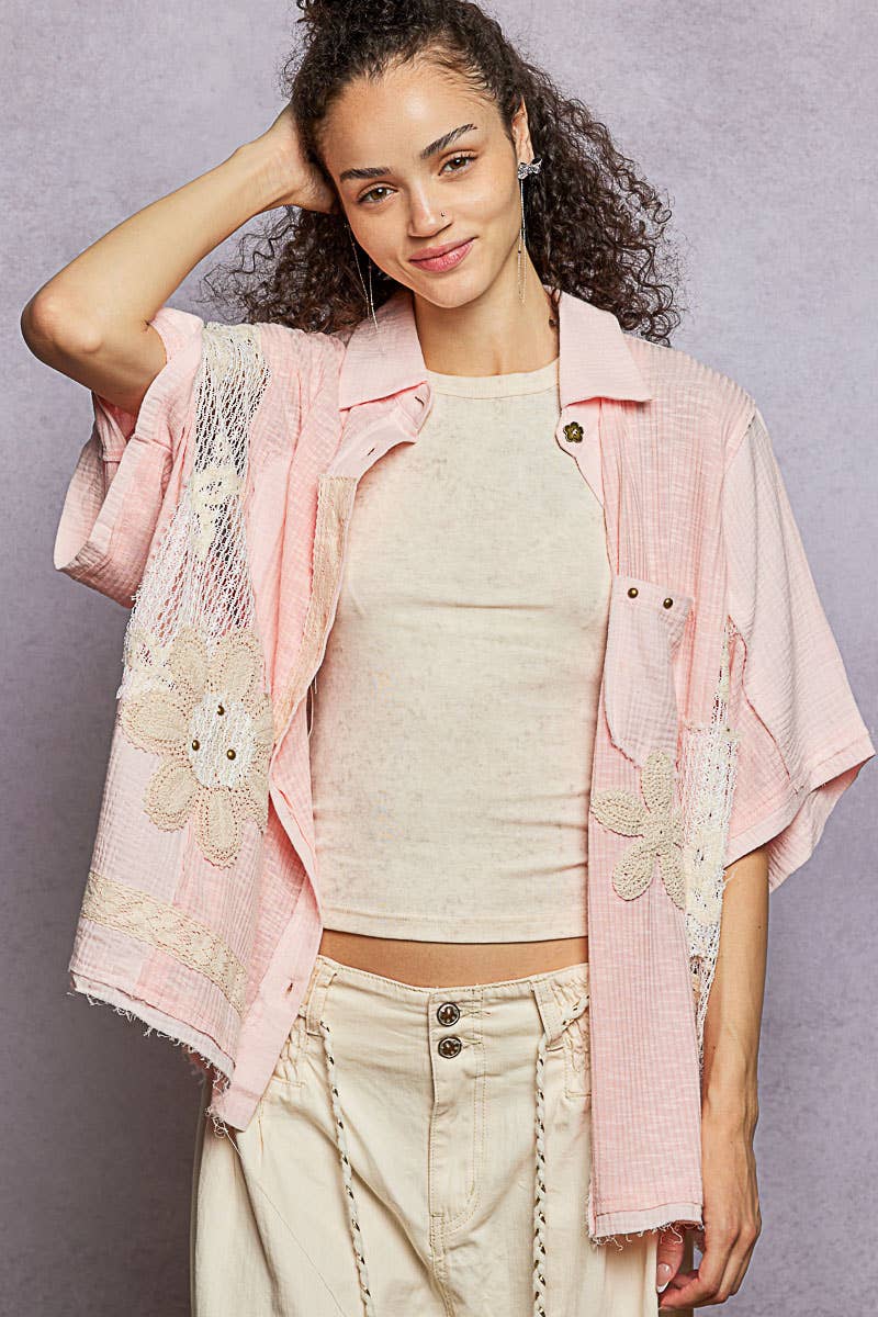 Pol Clothing - Wholesale Button Down Shirt - Women's - Collared Studded Button-down Short Sleeve Knit Shirt Top14