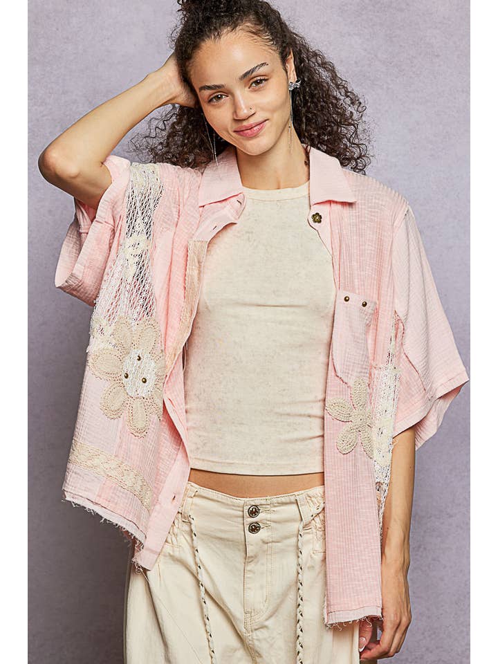 Pol Clothing - Wholesale Button Down Shirt - Women's - Collared Studded Button-down Short Sleeve Knit Shirt Top14