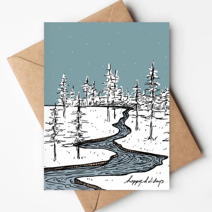 Rivière Arbres Joyeuses Fêtes Carte Éco-responsable Noël Xmas pour la vente par Jenna's Doodles