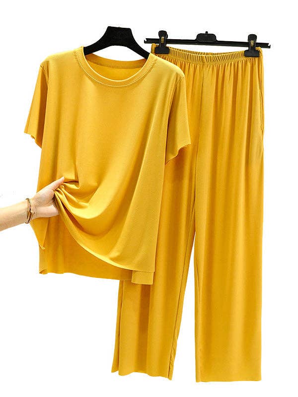 VividLux - Vente Haut et bas de pyjama – femme - Ensemble de pyjama décontracté à manches courtes, élastique, couleur unie, col rond4