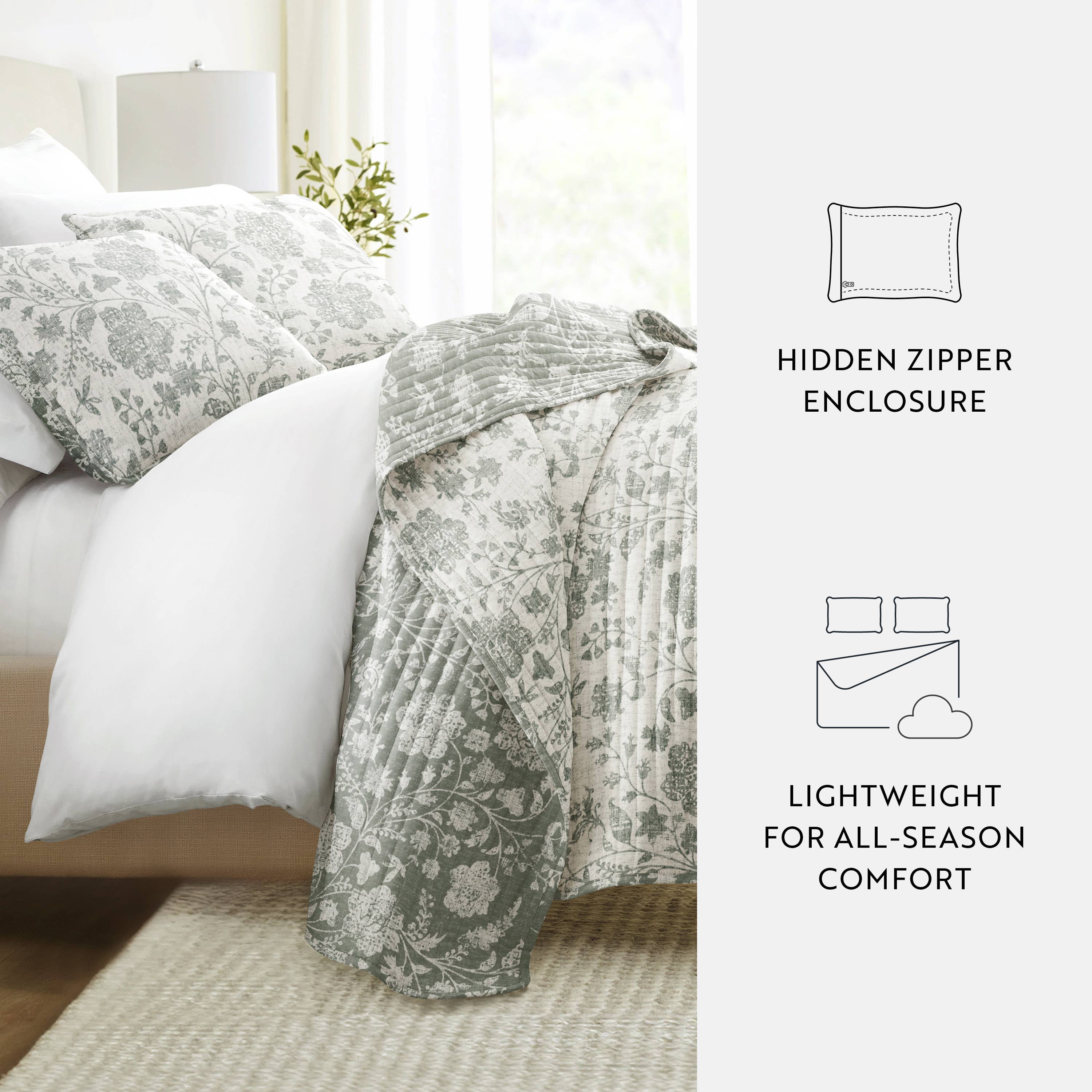 ienjoy Home - Vente Courtepointe - Ensemble de couette réversible à motifs floraux texturés toutes saisons12