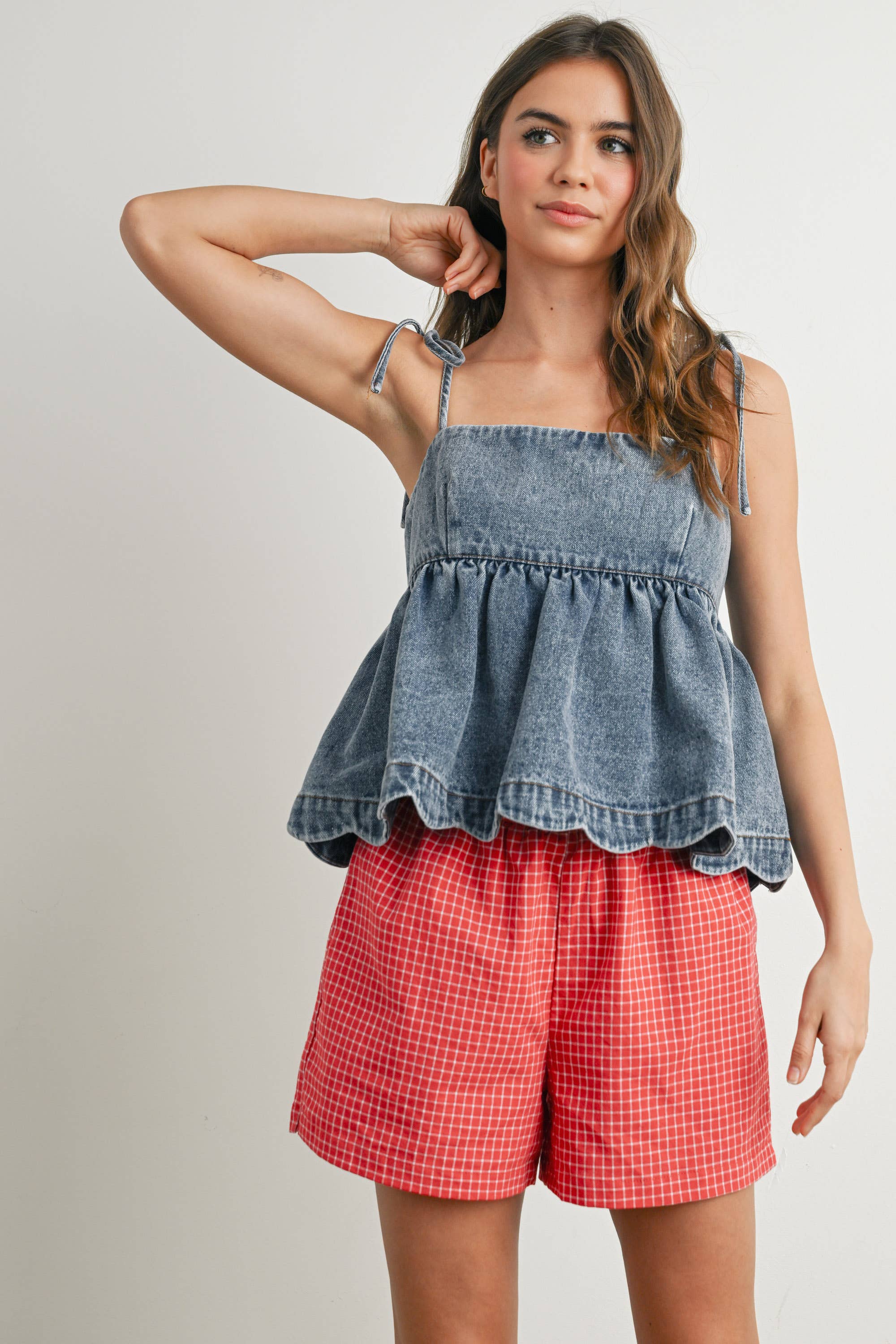 BUTTERMELON - Wholesale Blouse - Women's - Denim Tie-Strap Peplum Top - BMT7722 13