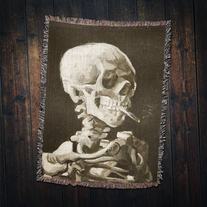 Killer Goods • Woven Blankets, Gifts, Home Decor - Wholesale Throw Blanket - Vintage Van Gogh Smoking Skeleton Woven Throw Blanket