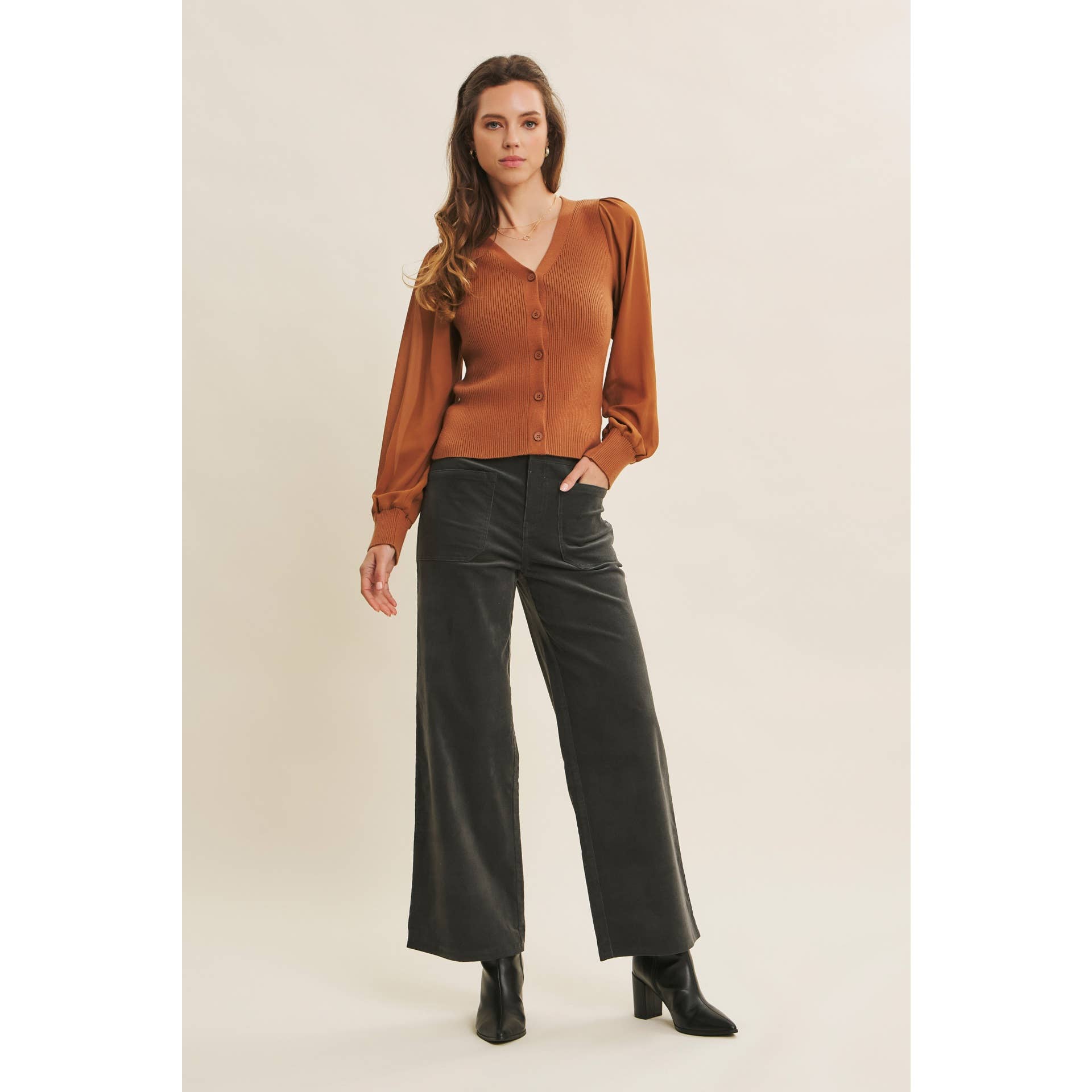 in february - Wholesale Cardigan - Women's - FITTED RIB SWEATER CARDIGAN WITH SHEER CHIFFON SLEEVES6