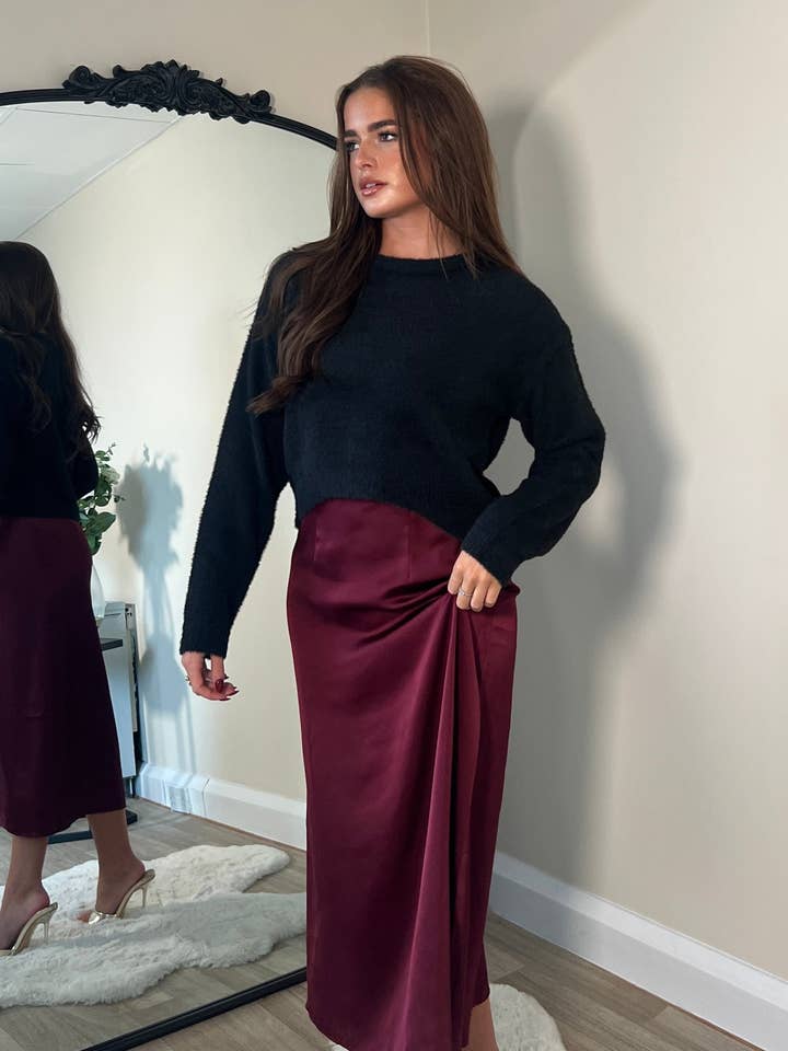 Ayesha Jumper And Satin Slip Dress Set Wine for wholesale by Girl In Mind