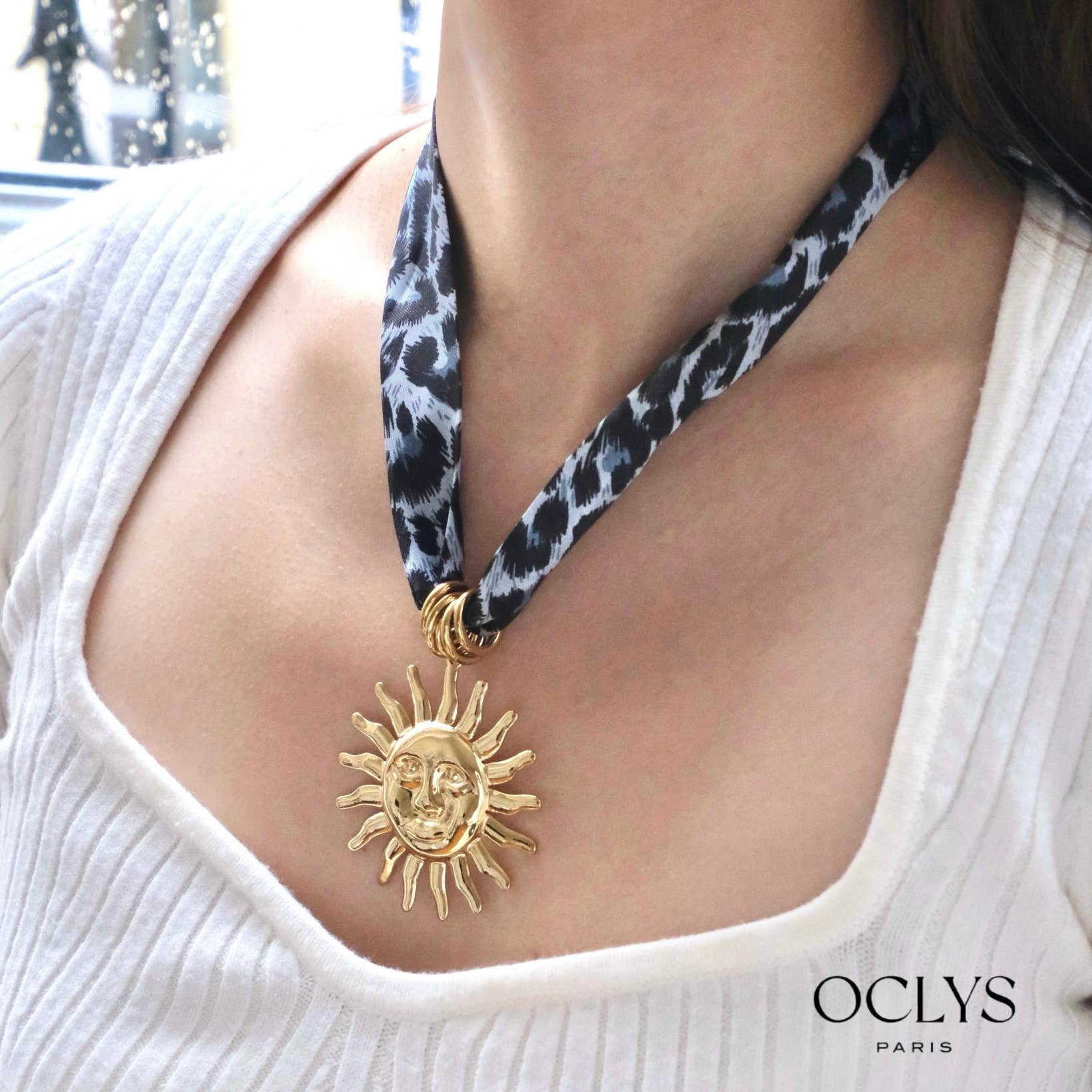 Oclys - Wholesale Woven Necklace - Leopard sun fabric ribbon necklace stainless steel Yina3