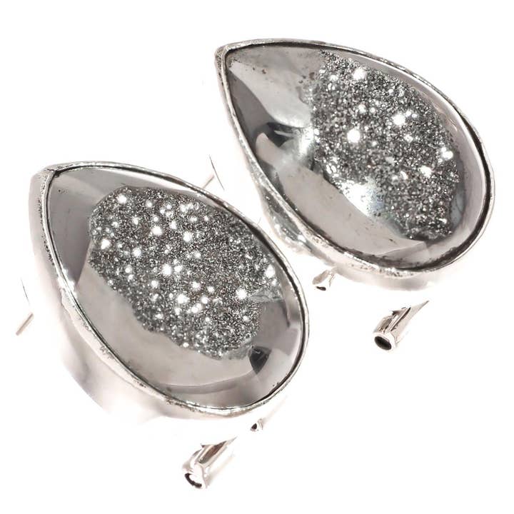 925 silver sparkling gray titanium druzy pear sterling omega stud earrings, 3/4" for wholesale by FifiRose
