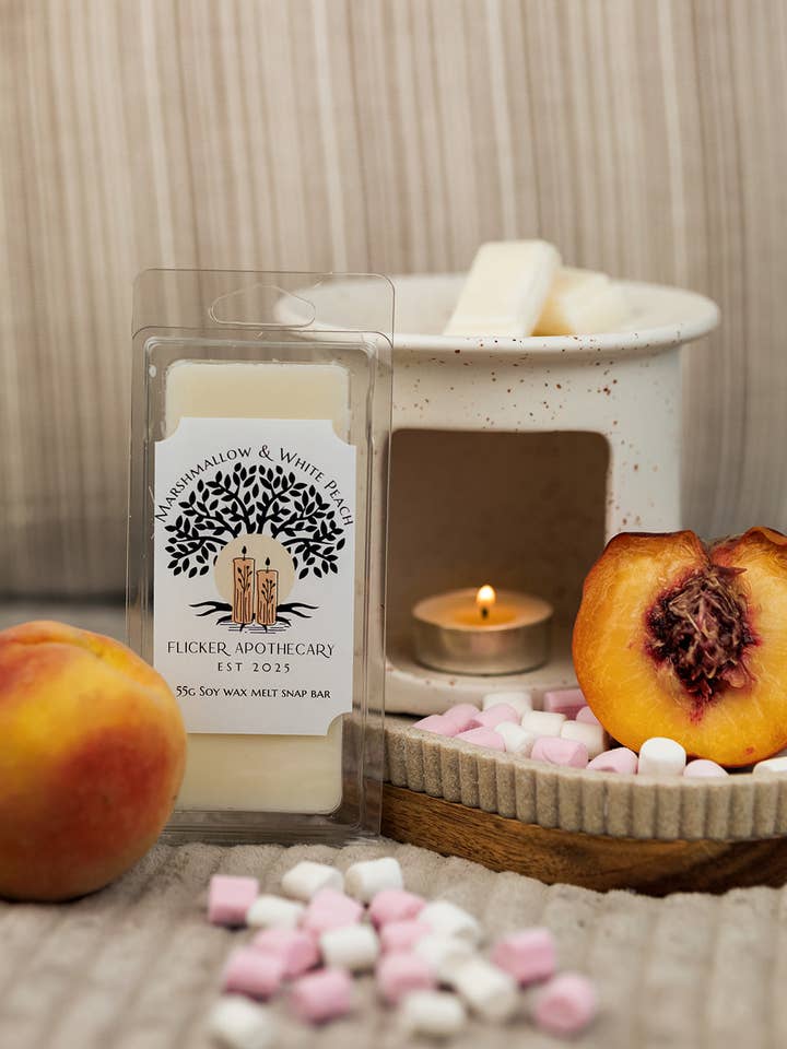 Marshmallow and White Peach - 55g Wax Melt Snap Bar for wholesale by Flicker Apothecary
