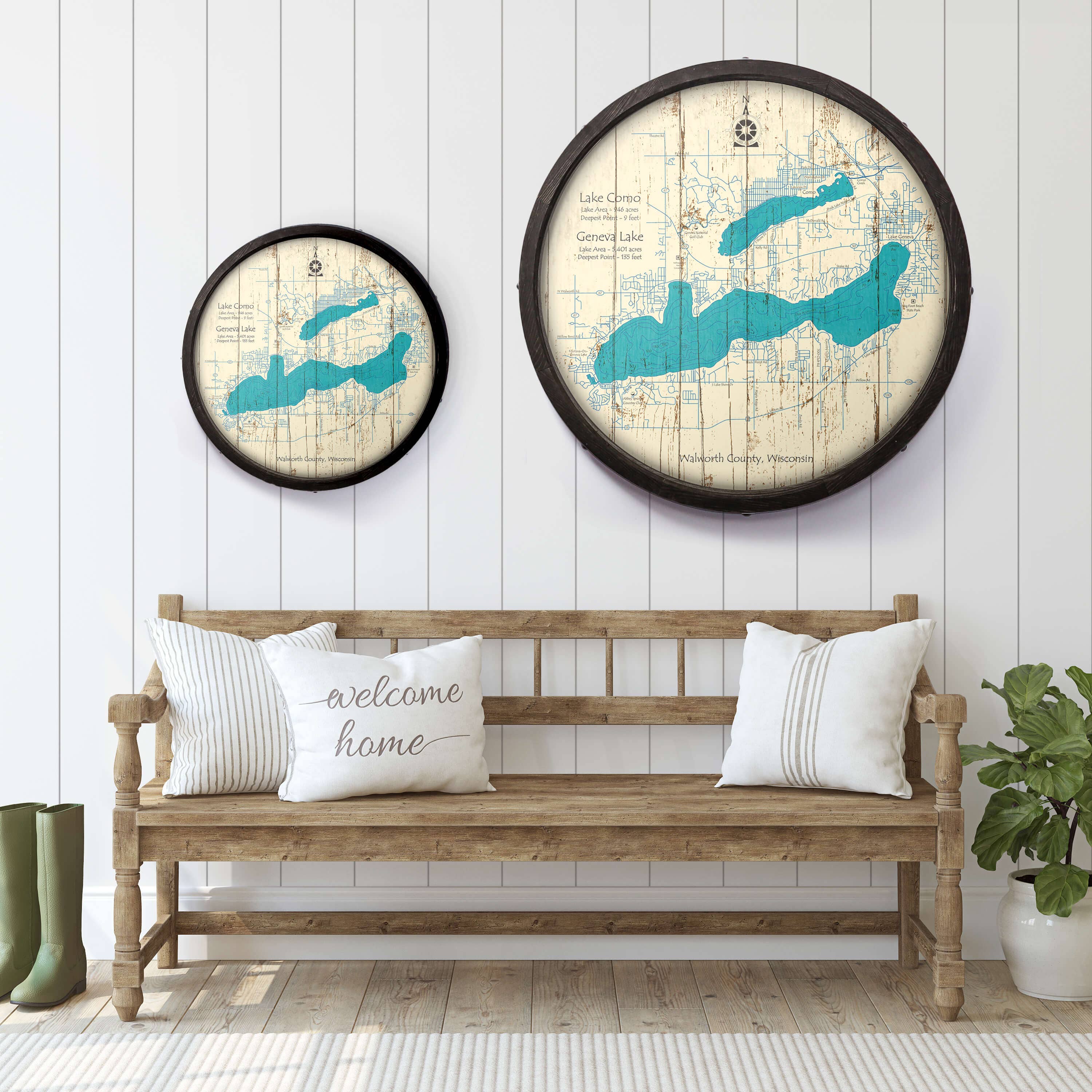 Old Wood Signs - Vendita all'ingrosso Cartelli - Lago di Como e Lago di Ginevra, Wisconsin su un'estremità di botte1