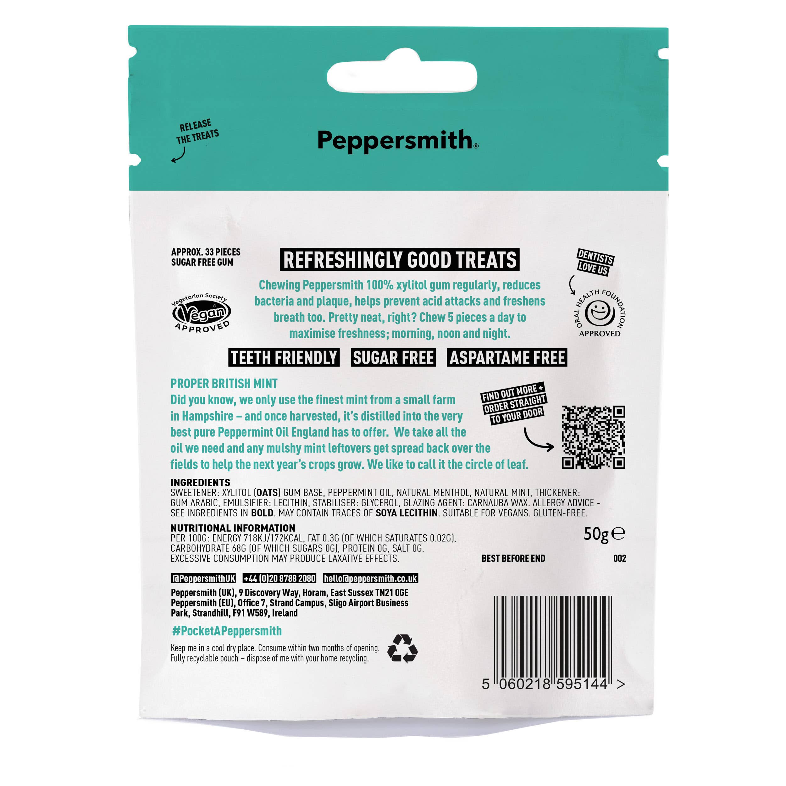 Peppersmith - Wholesale Kauwgom - Peppersmith Pepermunt Kauwgom Krachtige Zak 12 x 33 Stuks (50g)1