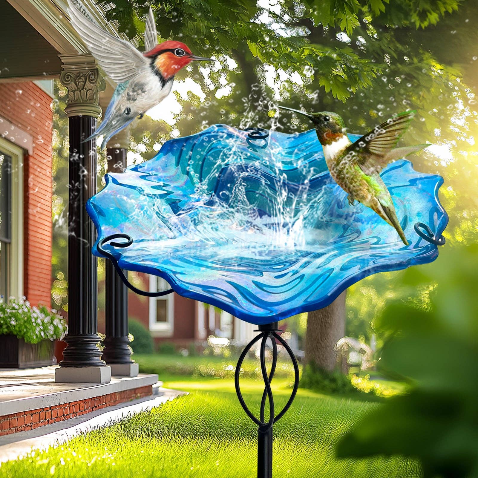 Liffy - Wholesale Bird Bath - Blue Ripple Glass Bird Bath Feeder with Metal Stake0