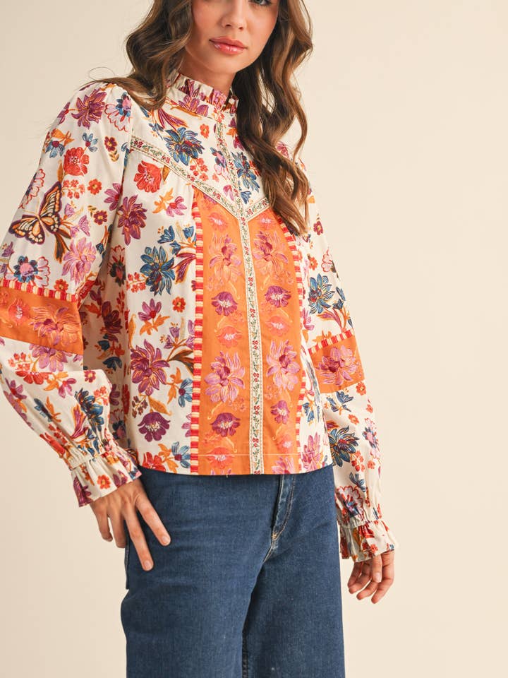 &MERCI - Wholesale Blouse - Women's - EXCLUSIVE FLORAL BORDER PRINT TOP WITH FLORAL TRIM MTP409714