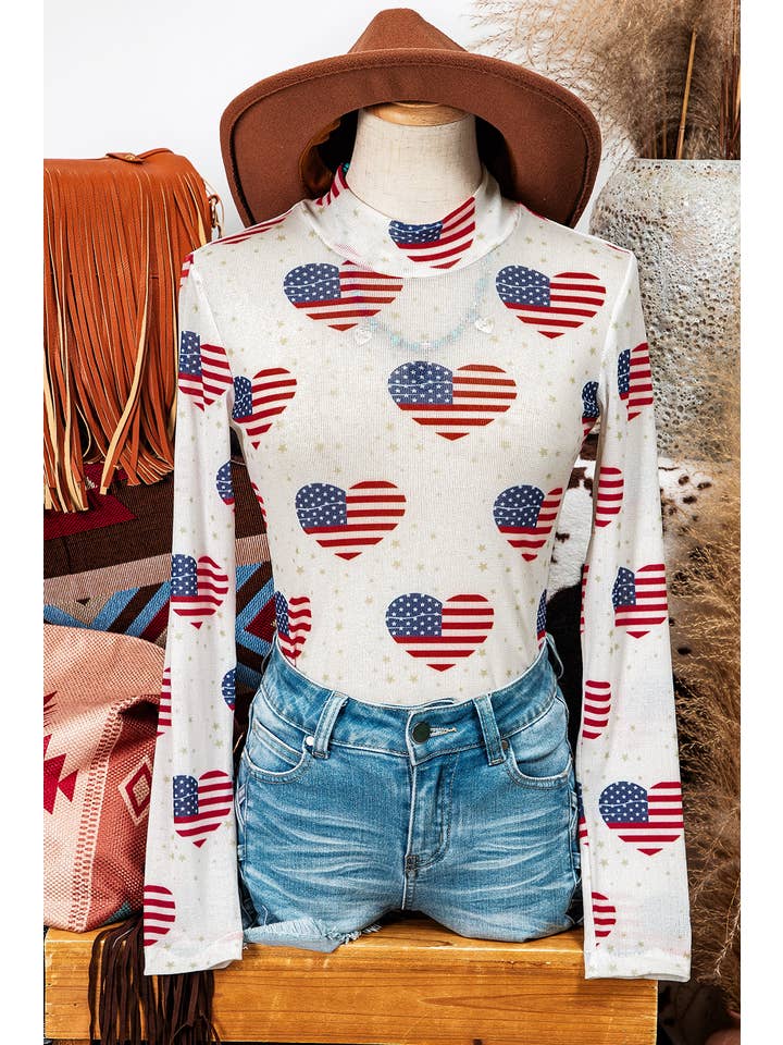 As shown Fashion-W Americana Glitter Mesh Long Sleeve Bodysuit for wholesale on Faire