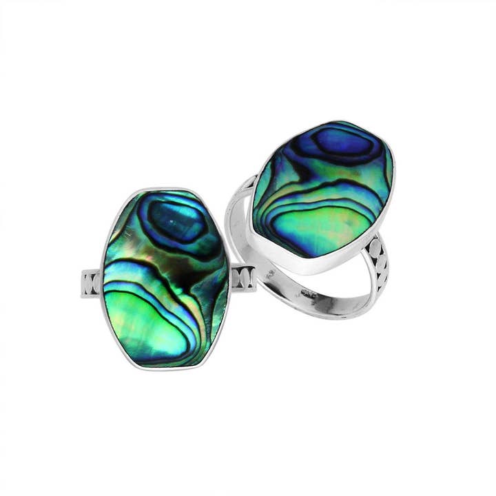 AR-6214-AB Wholesale Sterling Silver Oval Hexagon Abalone Shell Ring - Handcrafted Bali Jewelry for wholesale by Bali Designs