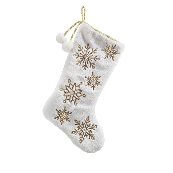 Snowflake Sequin Soft Plush Furry Christmas Stocking, White for wholesale on Faire