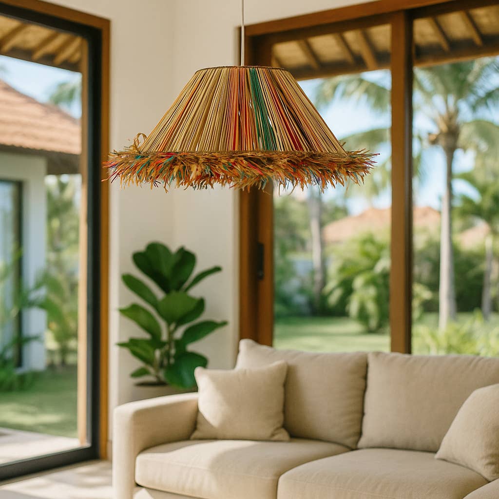 Now's Home - Wholesale Chandelier/Hanging Light - PENDANT IN COLORED NATURAL RAFFIA WITH FRINGE D60XH20 JOLO1
