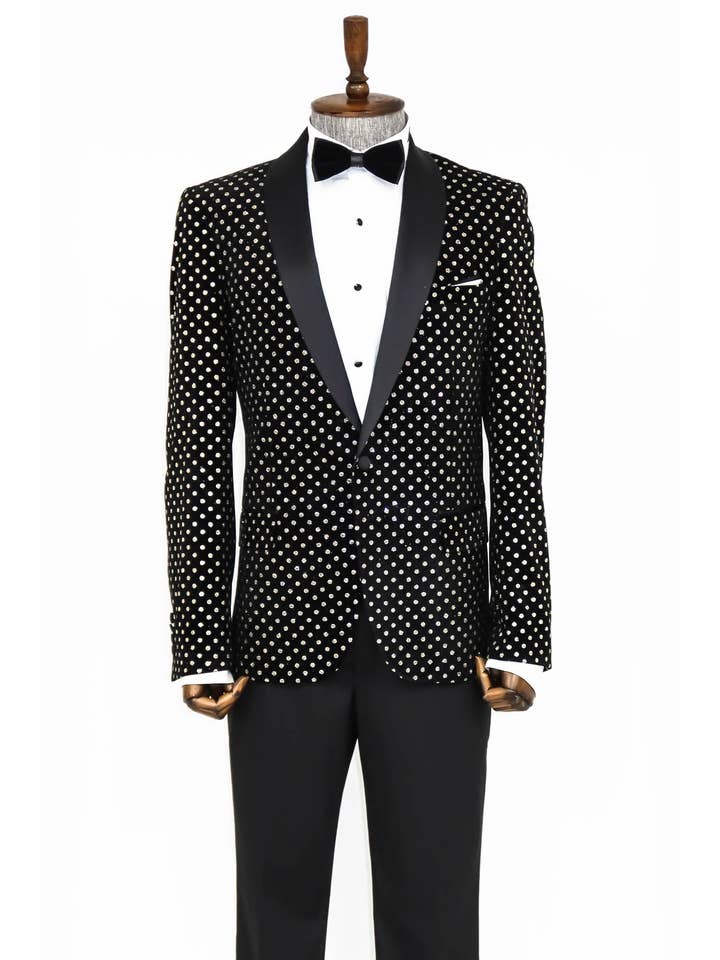 Negro Blazer de Promoción para Hombre Negro de Ajuste Entallado con Patrón de Puntos - Solapa de Chal de venta al por mayor en Faire