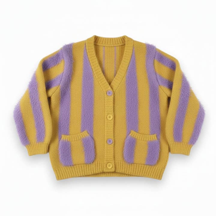 Kids Big Top Stripe Cardigan – Yellow/Lavender for wholesale by Best Day Ever Kids