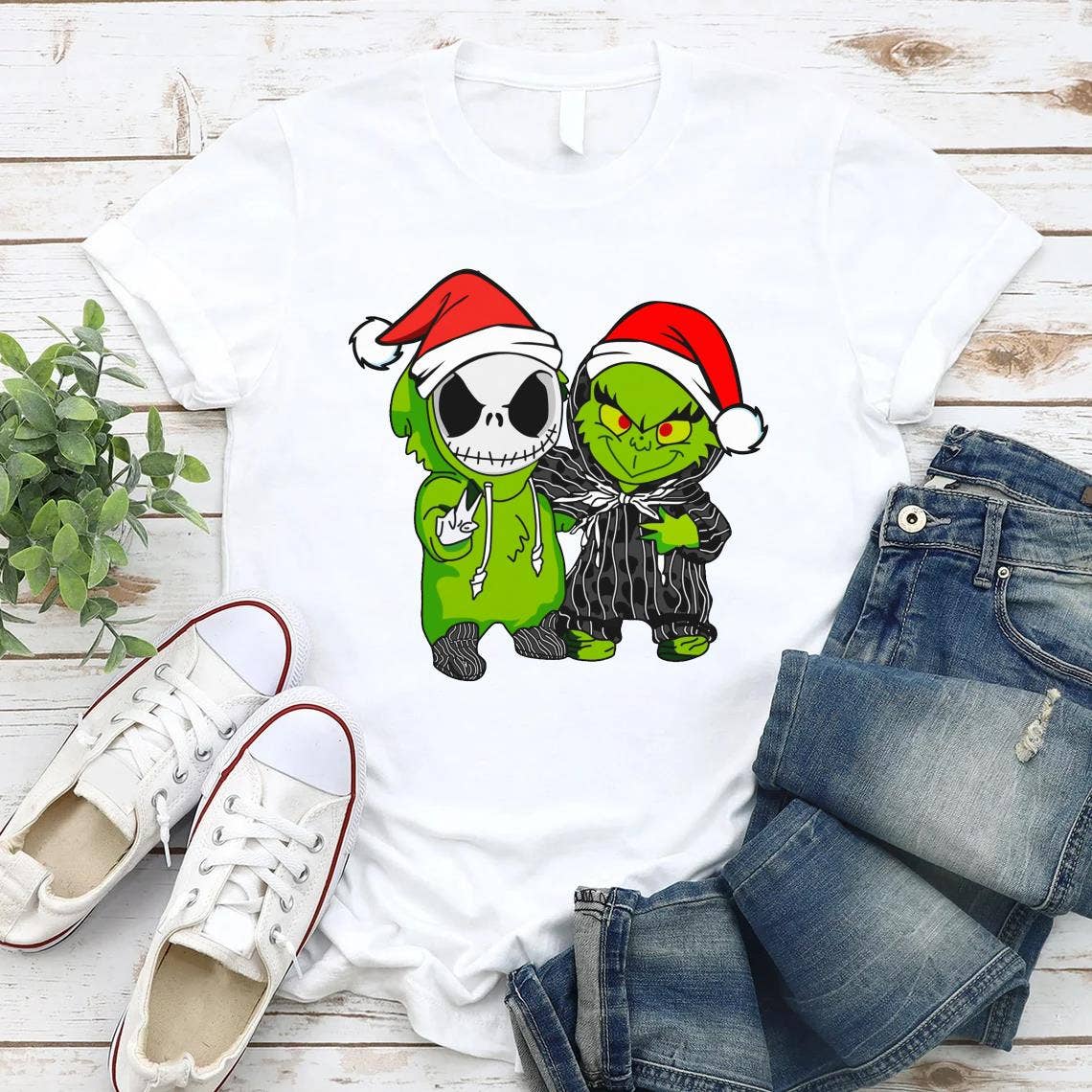 White Jack Skellington & Grinch Santa Shirt, Christmas Shirt for wholesale on Faire1